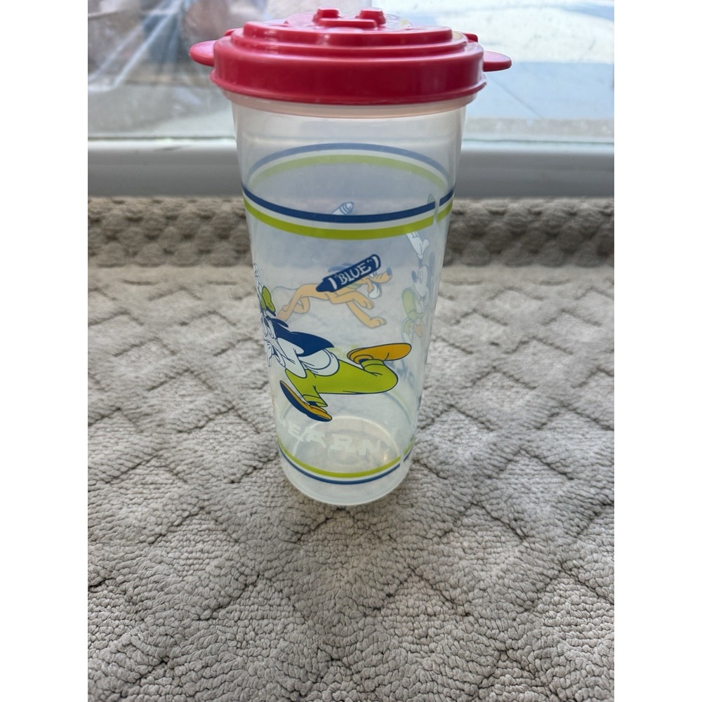 Disney Mickey Mouse Tupperware Cup 8" Clear Snack Container Goofy Pluto Red Lid